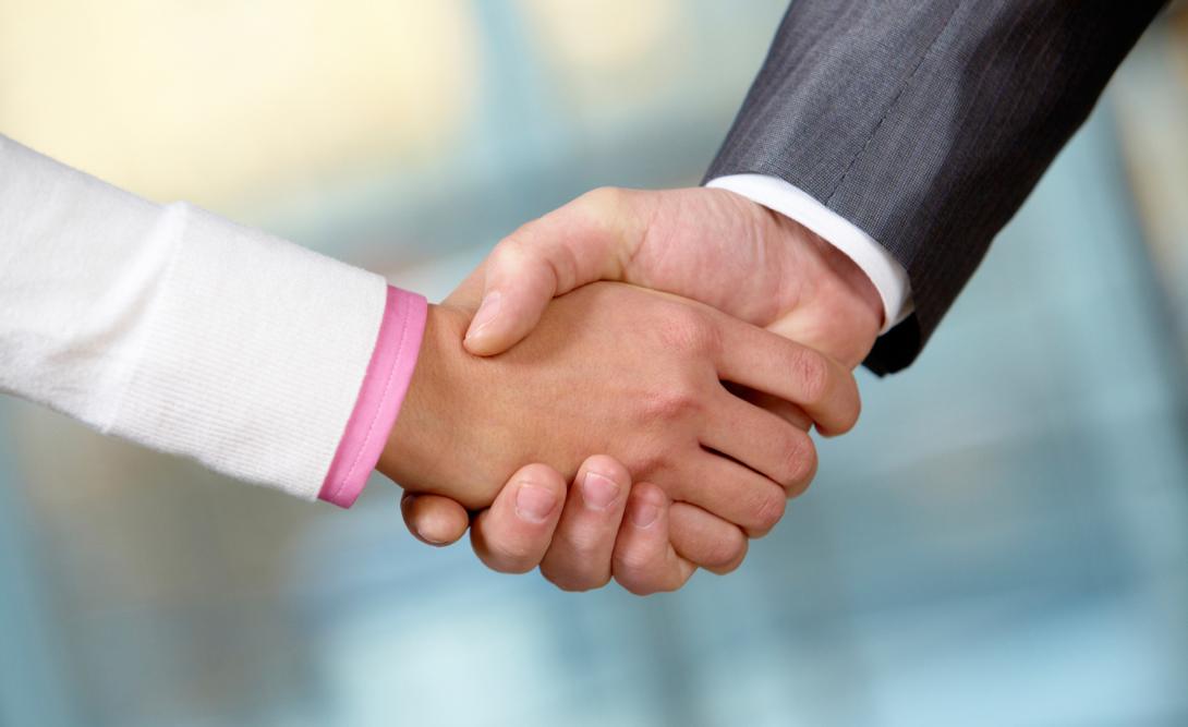 Zu sehen sind die rechten Hände und ein Teil der Unterarme von zwei Personen, die sich die Hände schütteln. Links eine Frauenhand, rechts eine Männerhand.