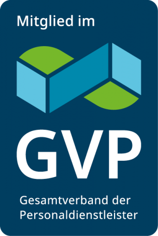 Logo GVP in blau-grün mit weißem Text: Mitglied im Gesamtverband der Personaldienstleister